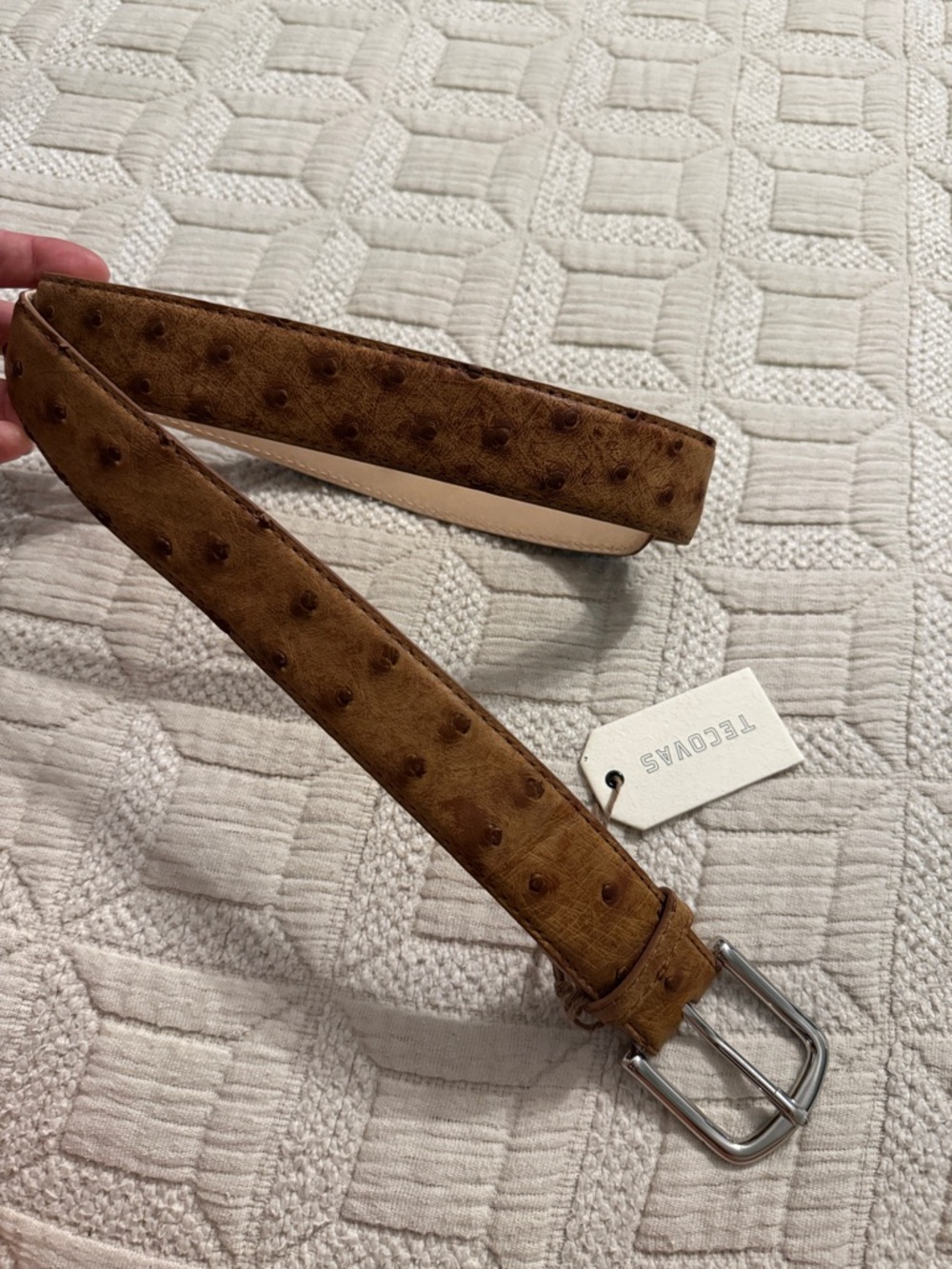 Tecovas Brown Ostrich-Embossed Leather Belt with Silver Buckle